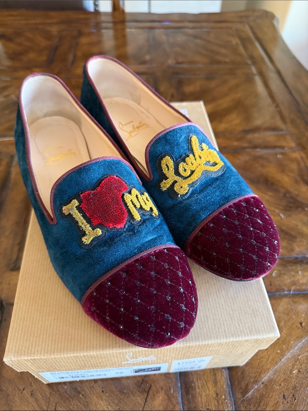 Christian Louboutin Teal Velvet Loafers with Burgundy Quilted Toe